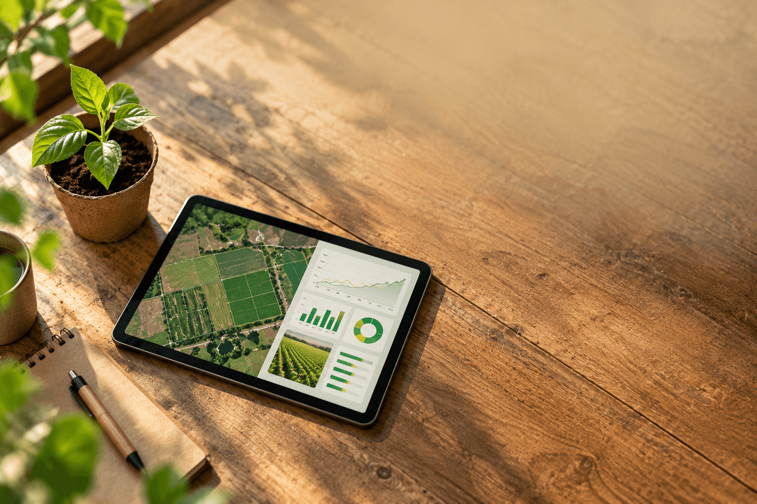 Tablet displaying farm data charts and field maps on a wooden table