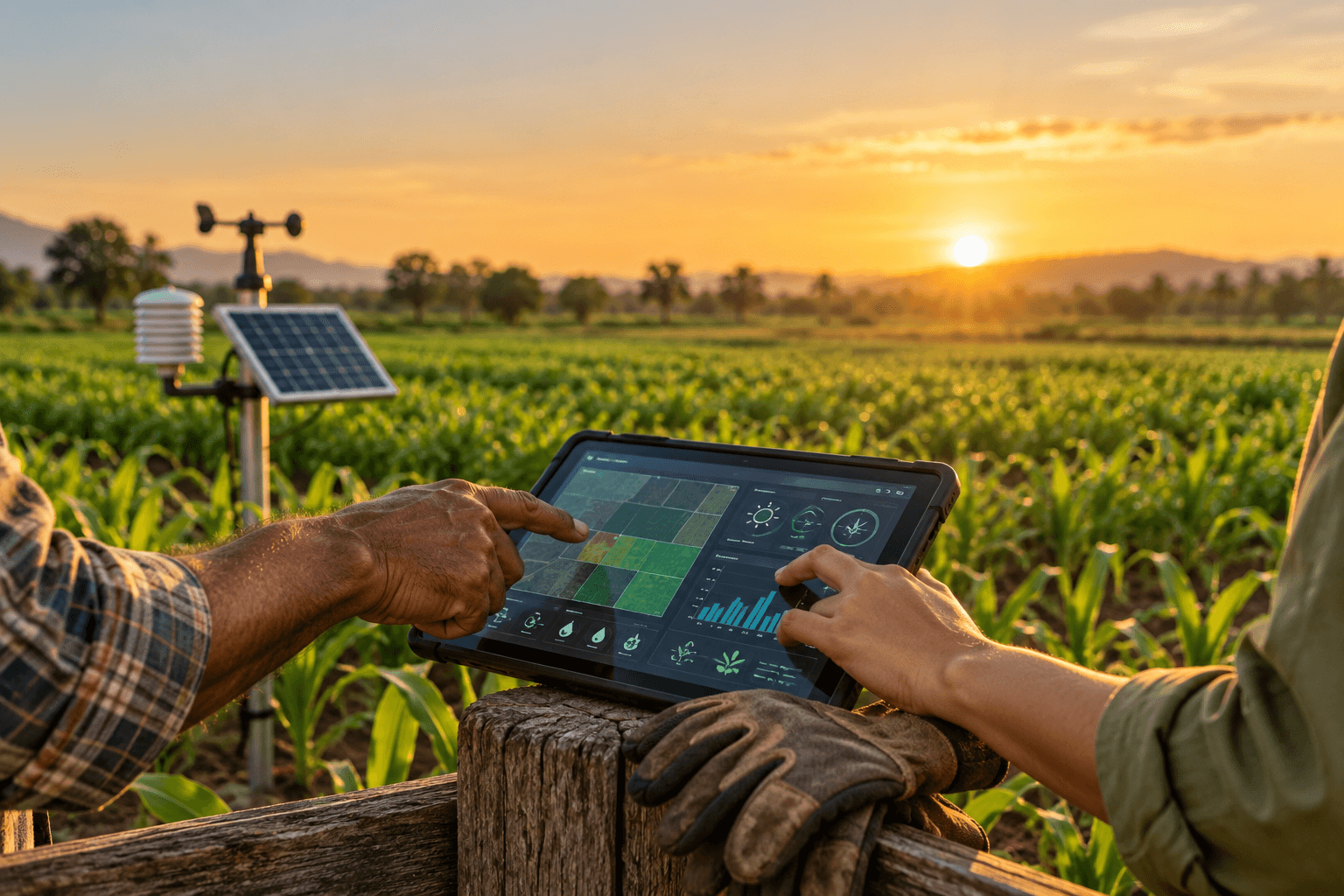 Two people reviewing a farm-data dashboard on a tablet at the edge of a crop field at sunset