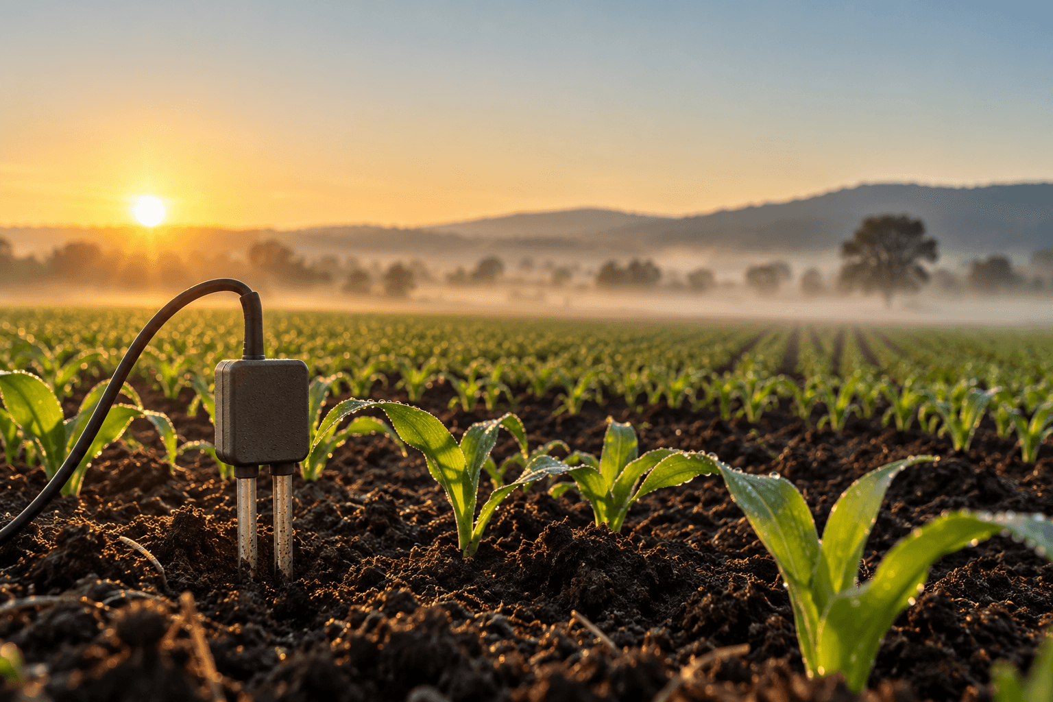 Close-up of a soil moisture sensor among young seedlings at sunrise