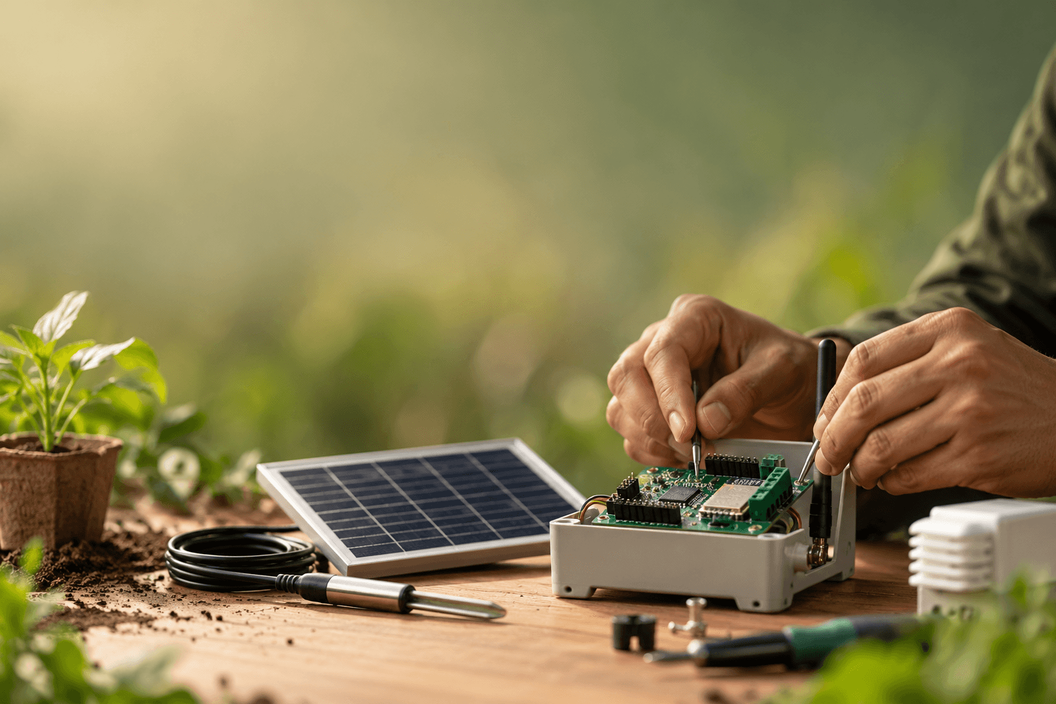 Close-up of hands assembling a solar-powered IoT sensor module