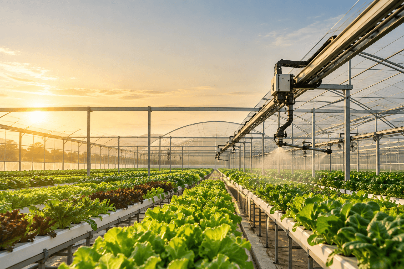 Interior of a modern automated greenhouse with a robotic irrigation system
